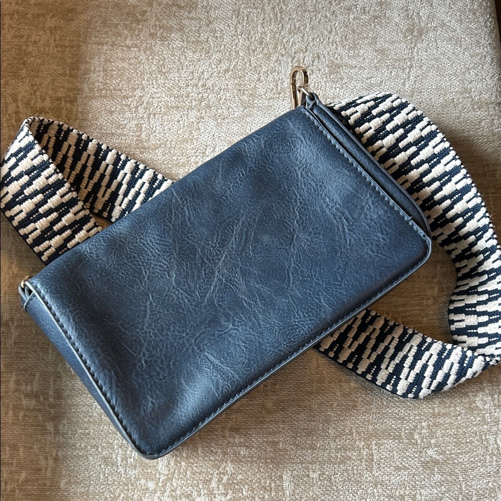 Stylish Blue Crossbody Bag with Patterned Strap